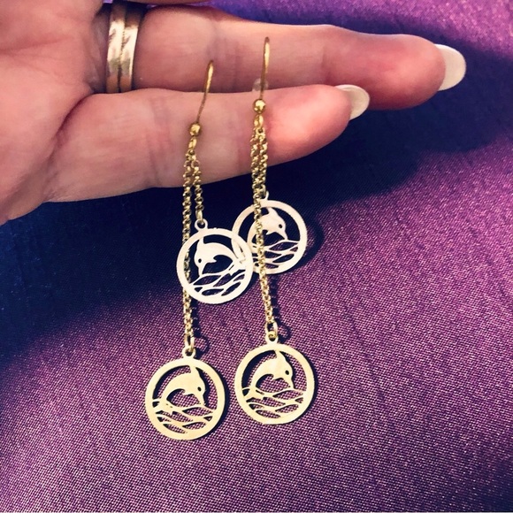 ISara Gold Dangly Double Dolphin Earrings GIFT Boxed - Picture 5 of 5